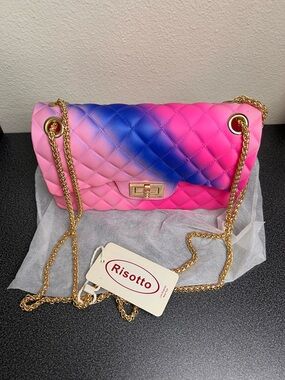 Gradient Pink & Blue Quilted Shoulder Bag with Gold Chain